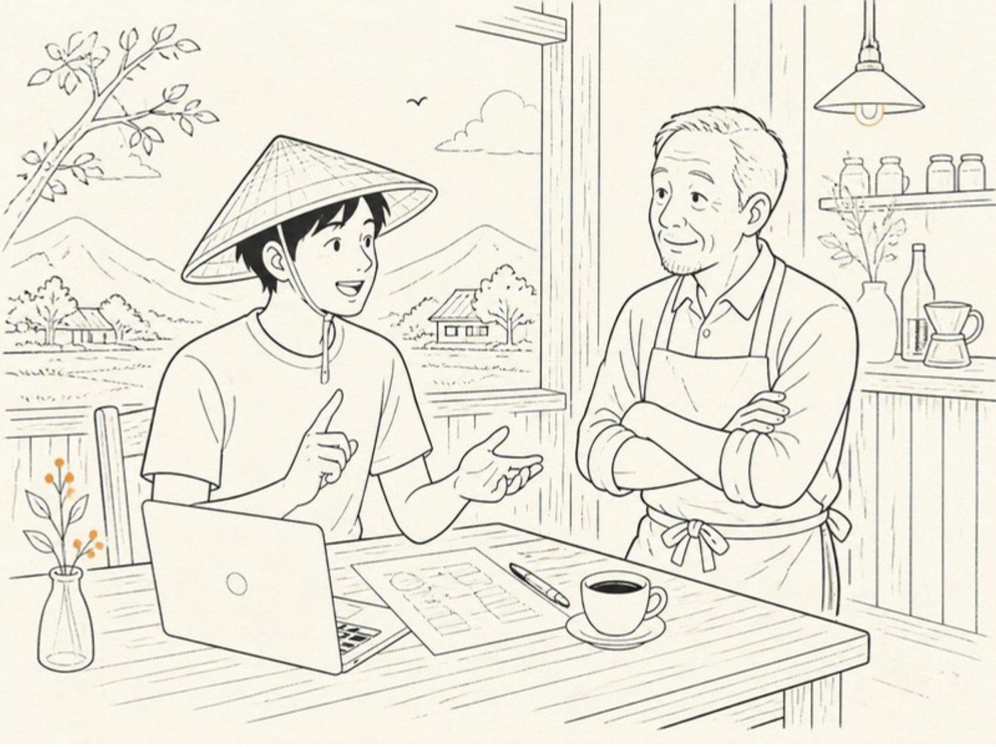 カフェのテーブルで、ノートパソコンを挟んで店主と話す(イラスト)