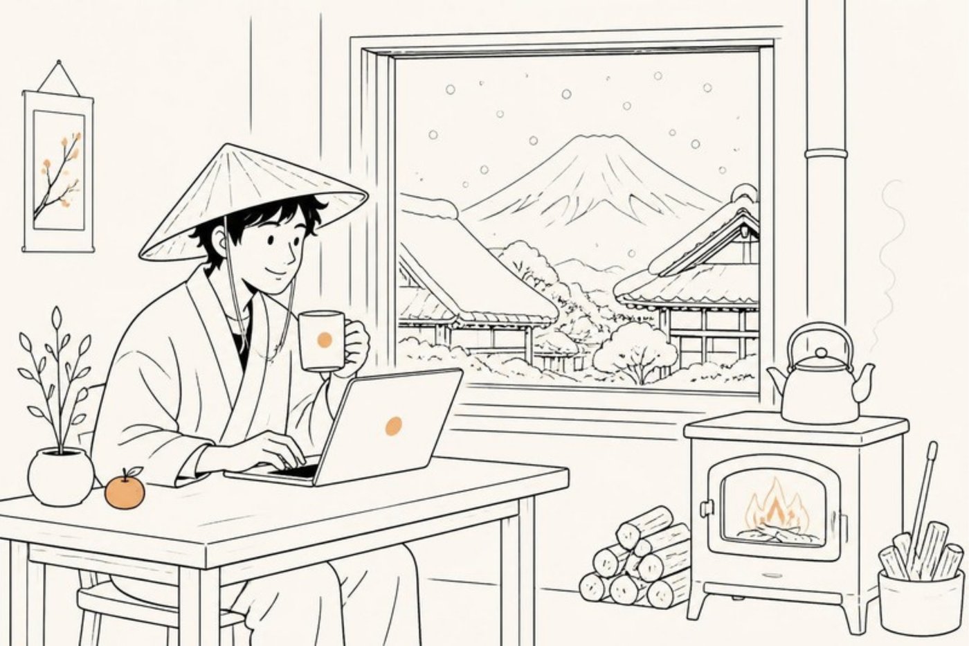 冬、薪ストーブのそばでパソコンに向かう(イラスト)